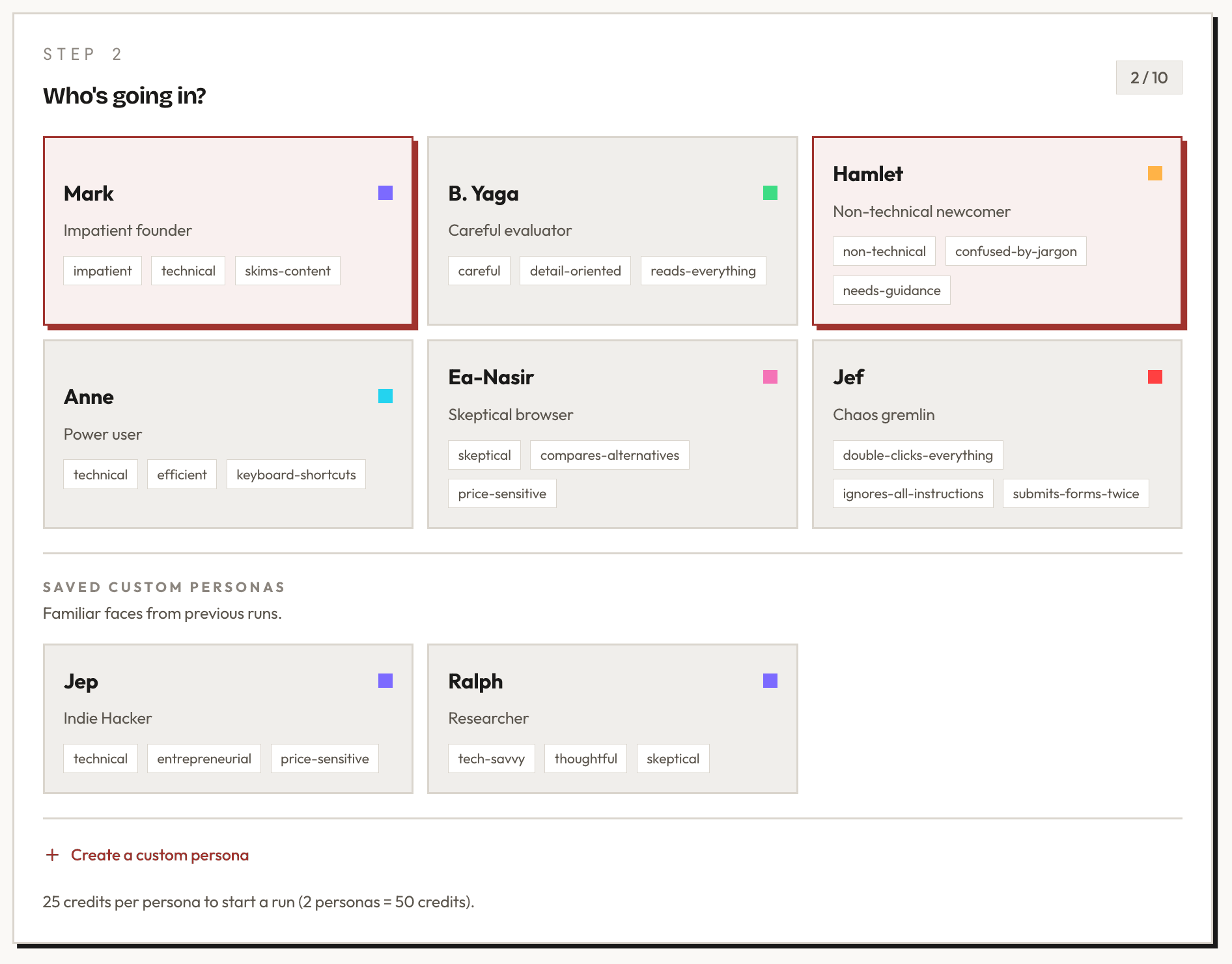 Ghostwalk persona picker showing six built-in personas with personality traits, plus custom persona creation