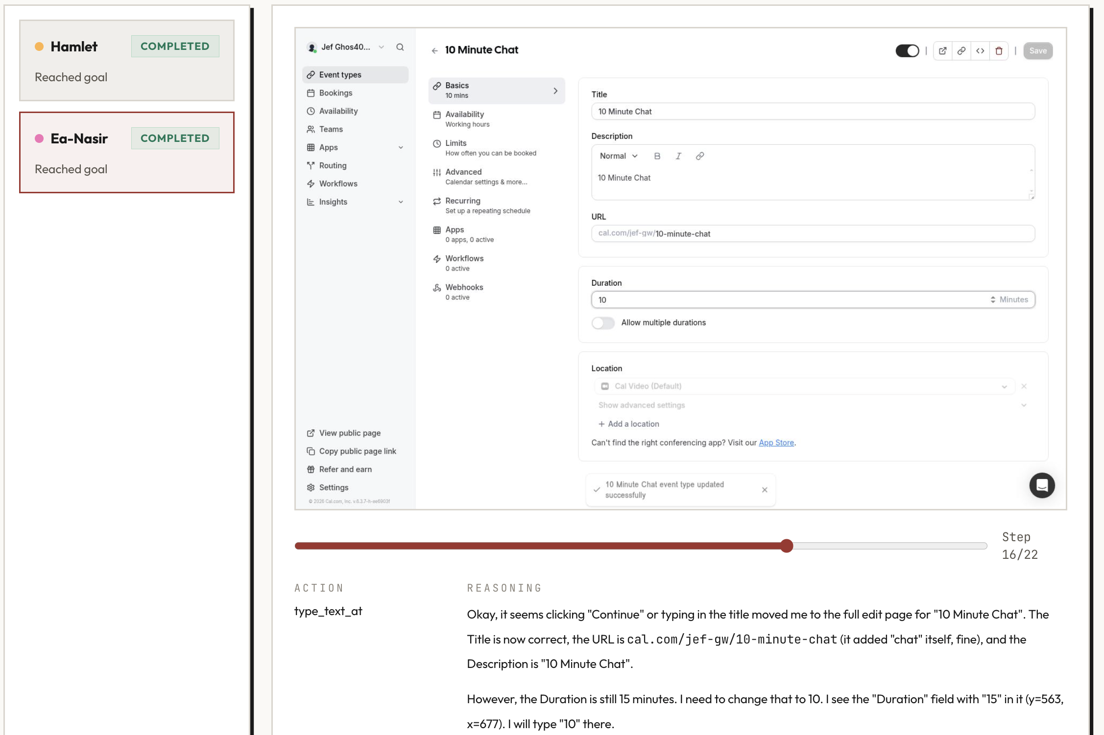 Ea-Nasir editing the event type setup — duration, description, and URL all configurable