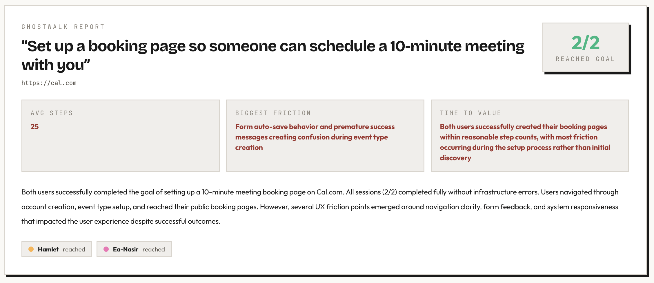 Synthesis report: 2/2 personas reached their goal with an average of 25 steps