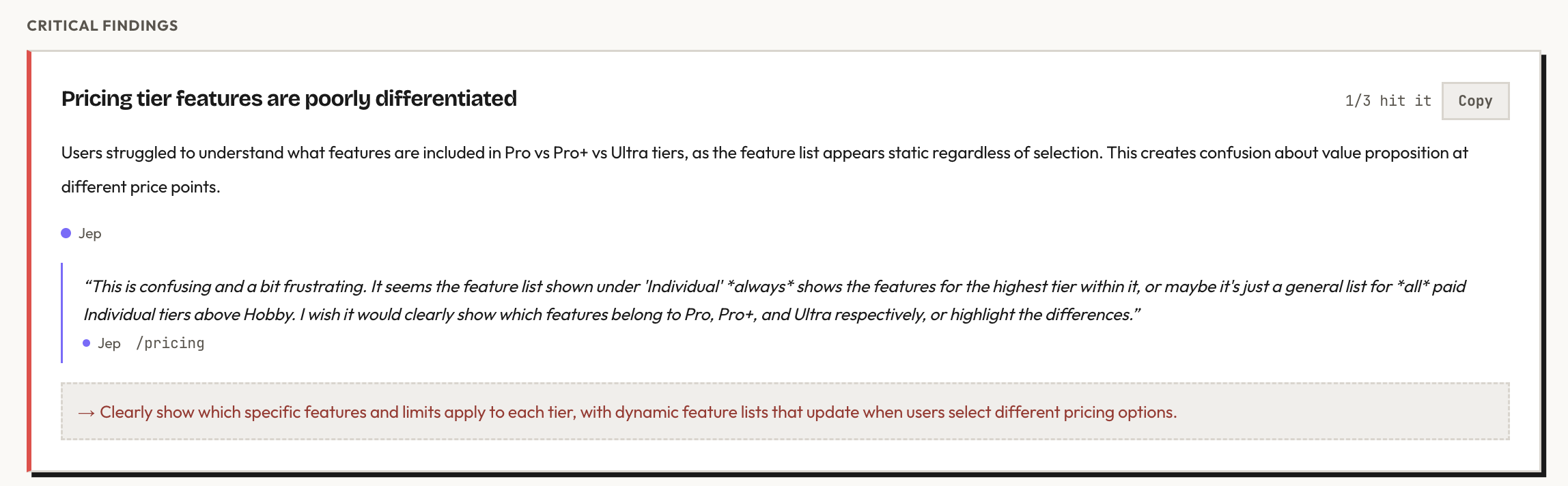 The synthesis report flagged pricing differentiation as a critical finding